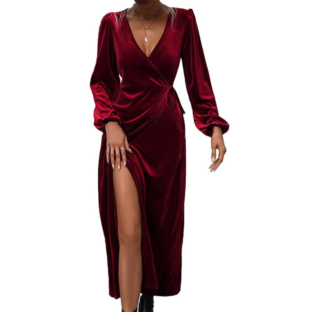 Women's Deep V-Neck Velvet Party Dress Long Sleeve Wrap Maxi