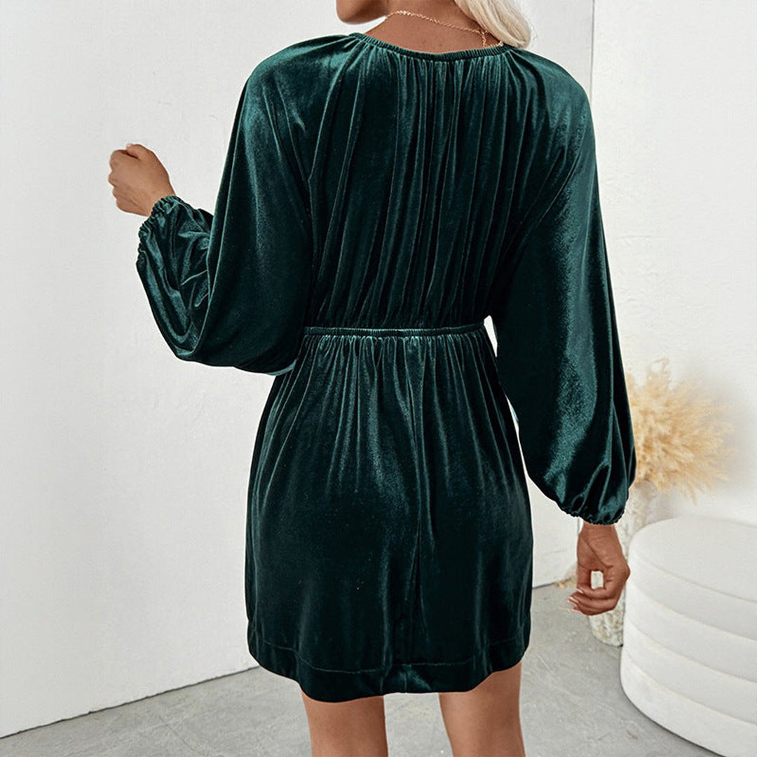 Women's Deep V-Neck Velvet Party Dress Puff Sleeve Mini