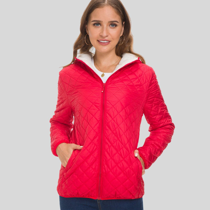 Women's Diamond-Quilted Zip-Up Fleece-Lined Padded Coat - Red