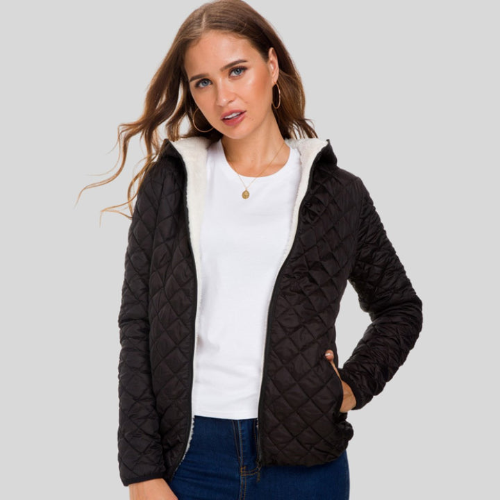 Women's Diamond-Quilted Zip-Up Fleece-Lined Padded Coat - Black