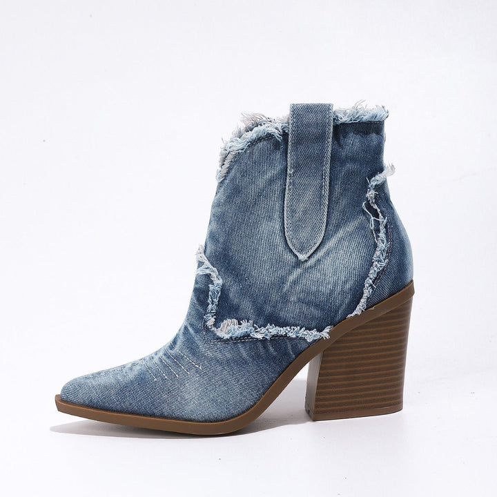 Women's Distressed Denim Pointed-Toe Ankle Heeled Boots