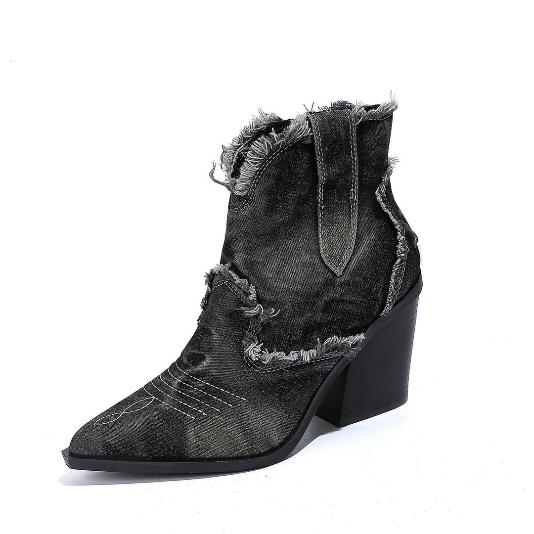 Women's Distressed Denim Pointed-Toe Ankle Heeled Boots
