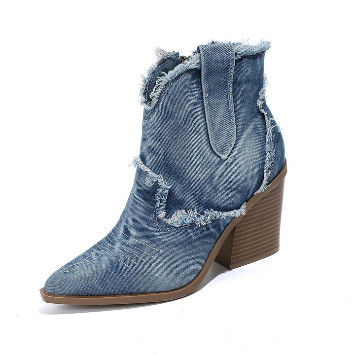 Women's Distressed Denim Pointed-Toe Ankle Heeled Boots
