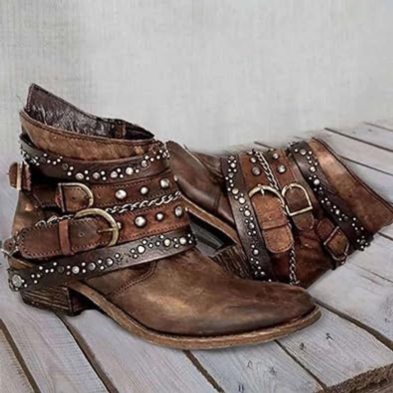Women's Distressed Leather Multi-Strap Buckle Ankle Heeled Boots