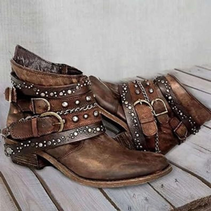 Women's Distressed Leather Multi-Strap Buckle Ankle Heeled Boots