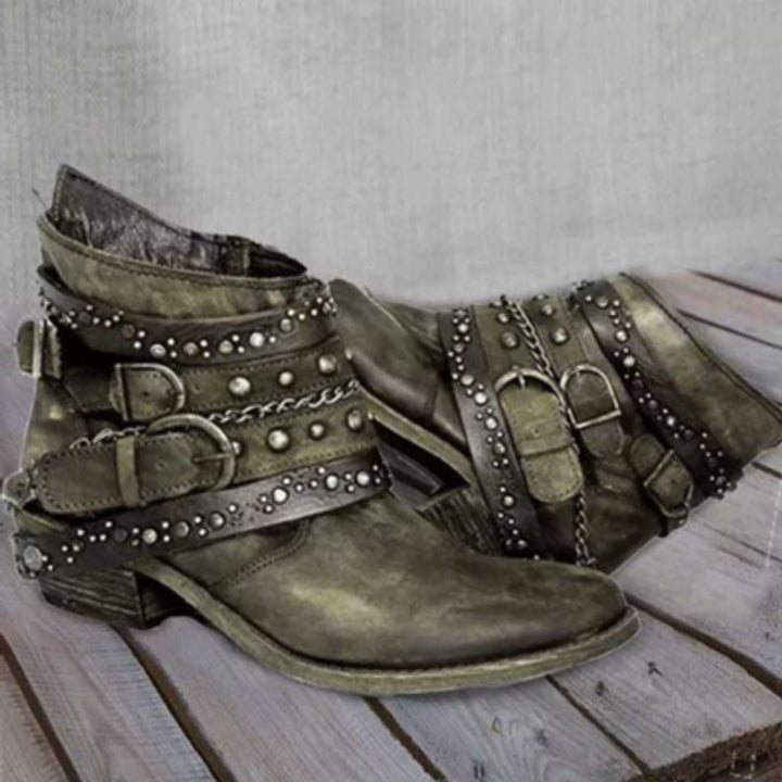Women's Distressed Leather Multi-Strap Buckle Ankle Heeled Boots