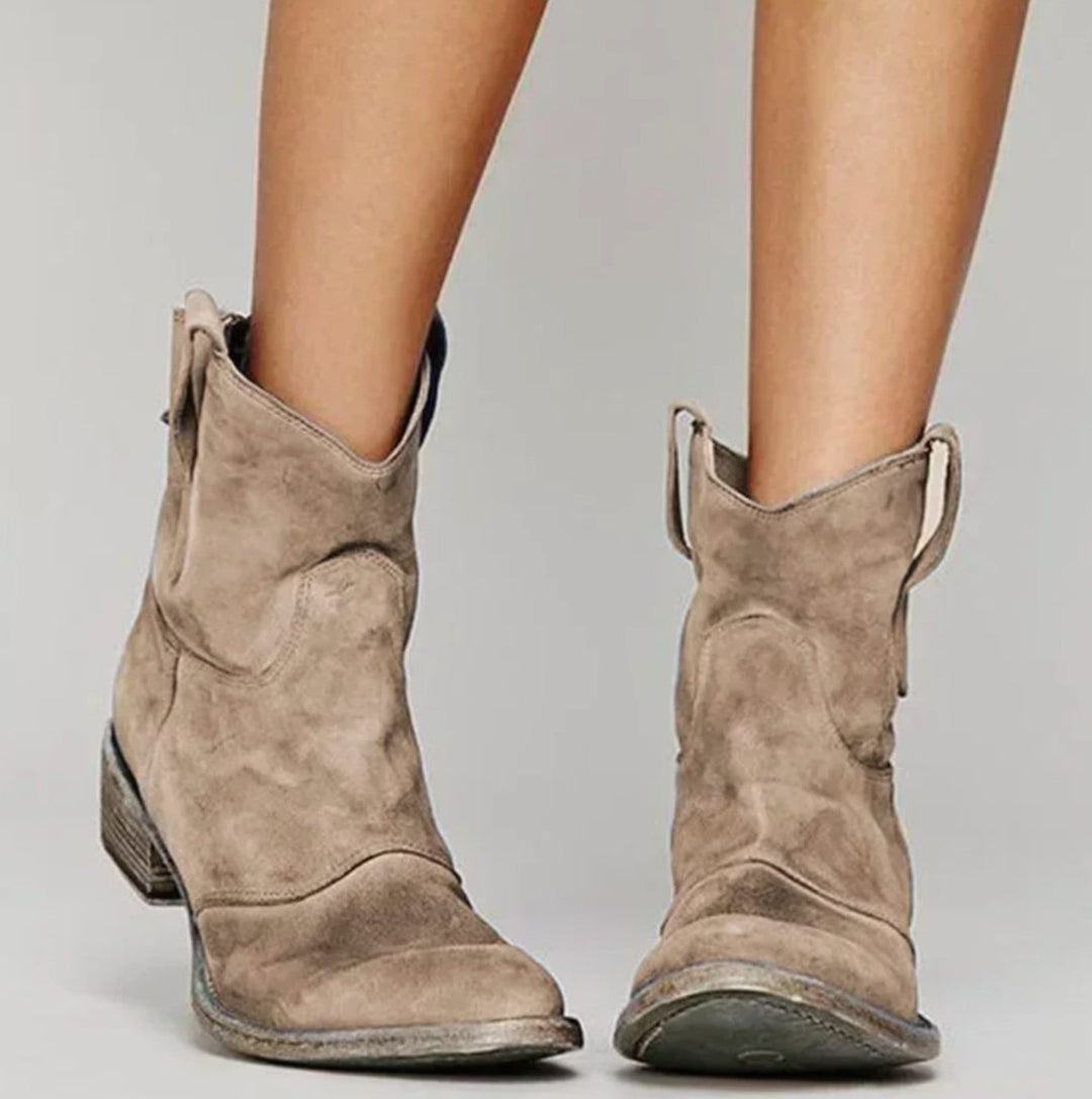 Women's Distressed Suede Low-Heel Western Ankle Boots