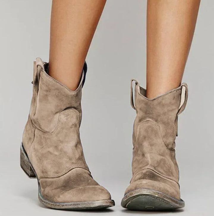Women's Distressed Suede Low-Heel Western Ankle Boots