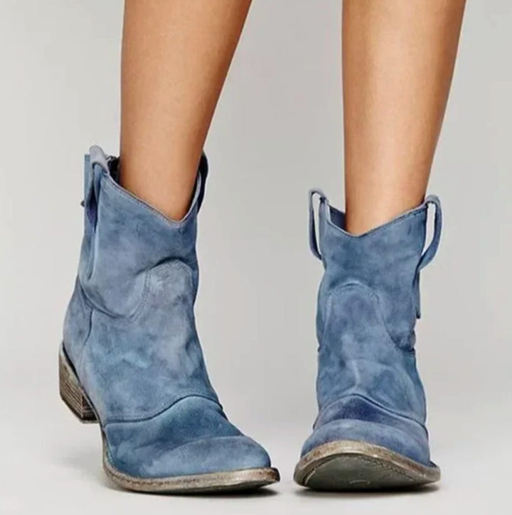 Women's Distressed Suede Low-Heel Western Ankle Boots