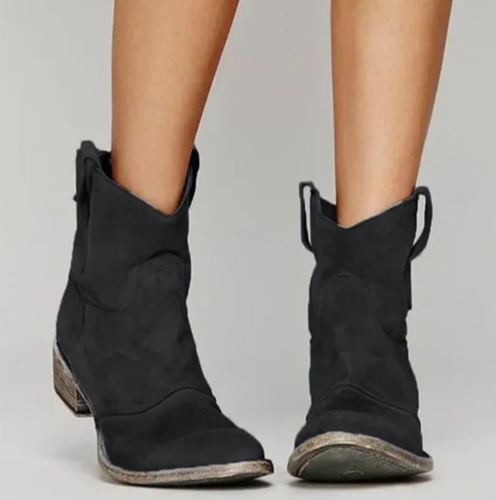 Women's Distressed Suede Low-Heel Western Ankle Boots