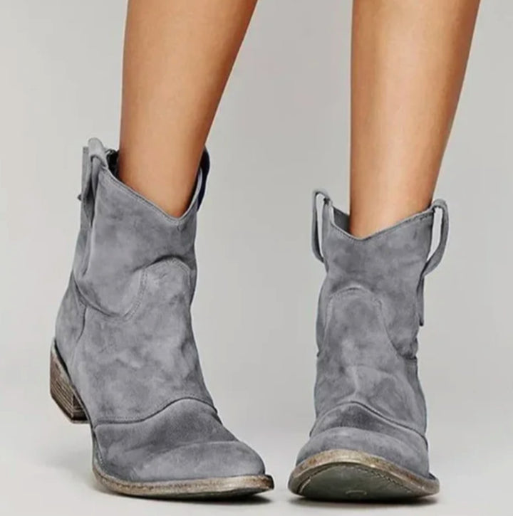 Women's Distressed Suede Low-Heel Western Ankle Boots