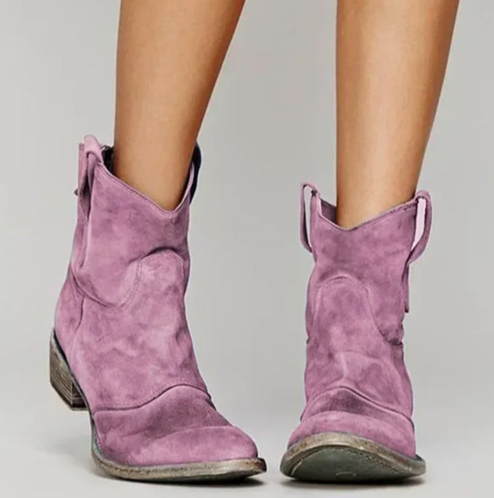 Women's Distressed Suede Low-Heel Western Ankle Boots