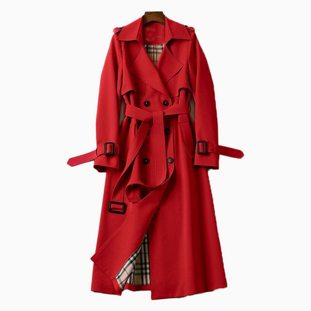 Women's Double-Breasted Belted Long Trench Coat - Red