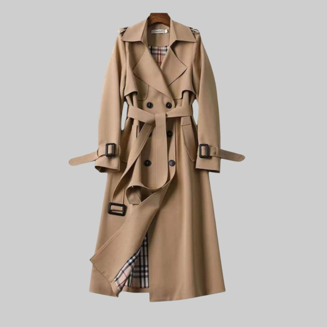 Women's Double-Breasted Belted Long Trench Coat Checked Lining