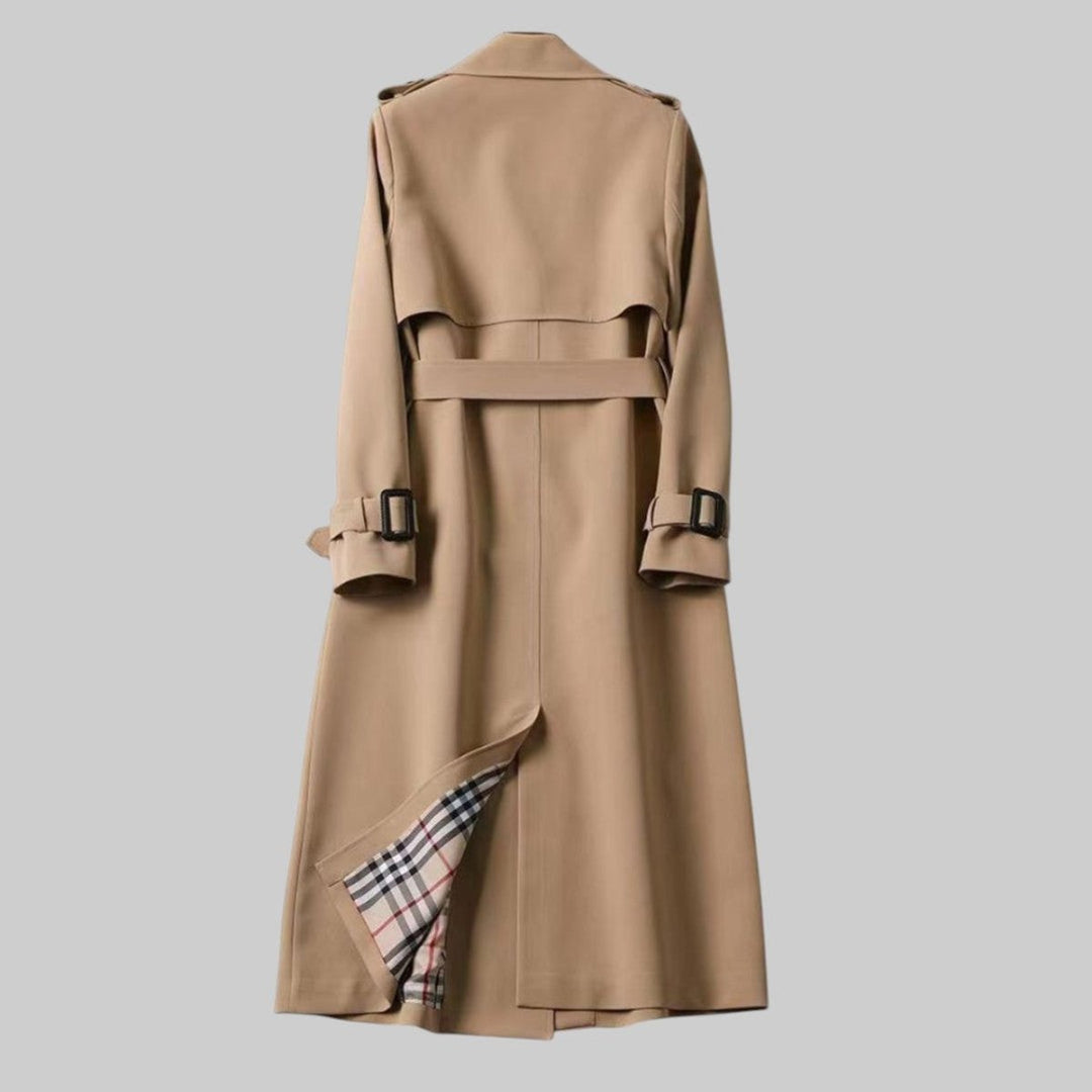Women's Double-Breasted Belted Long Trench Coat Checked Lining