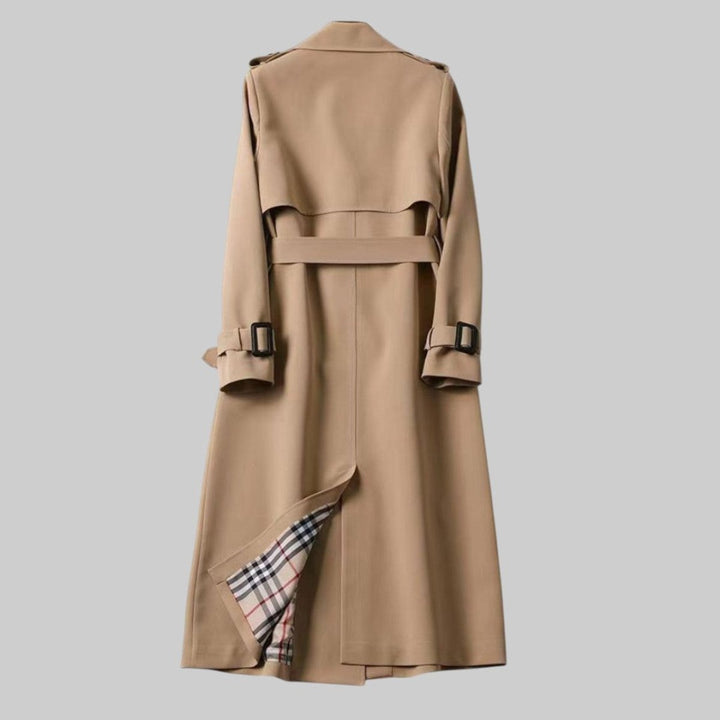 Women's Double-Breasted Belted Long Trench Coat Checked Lining