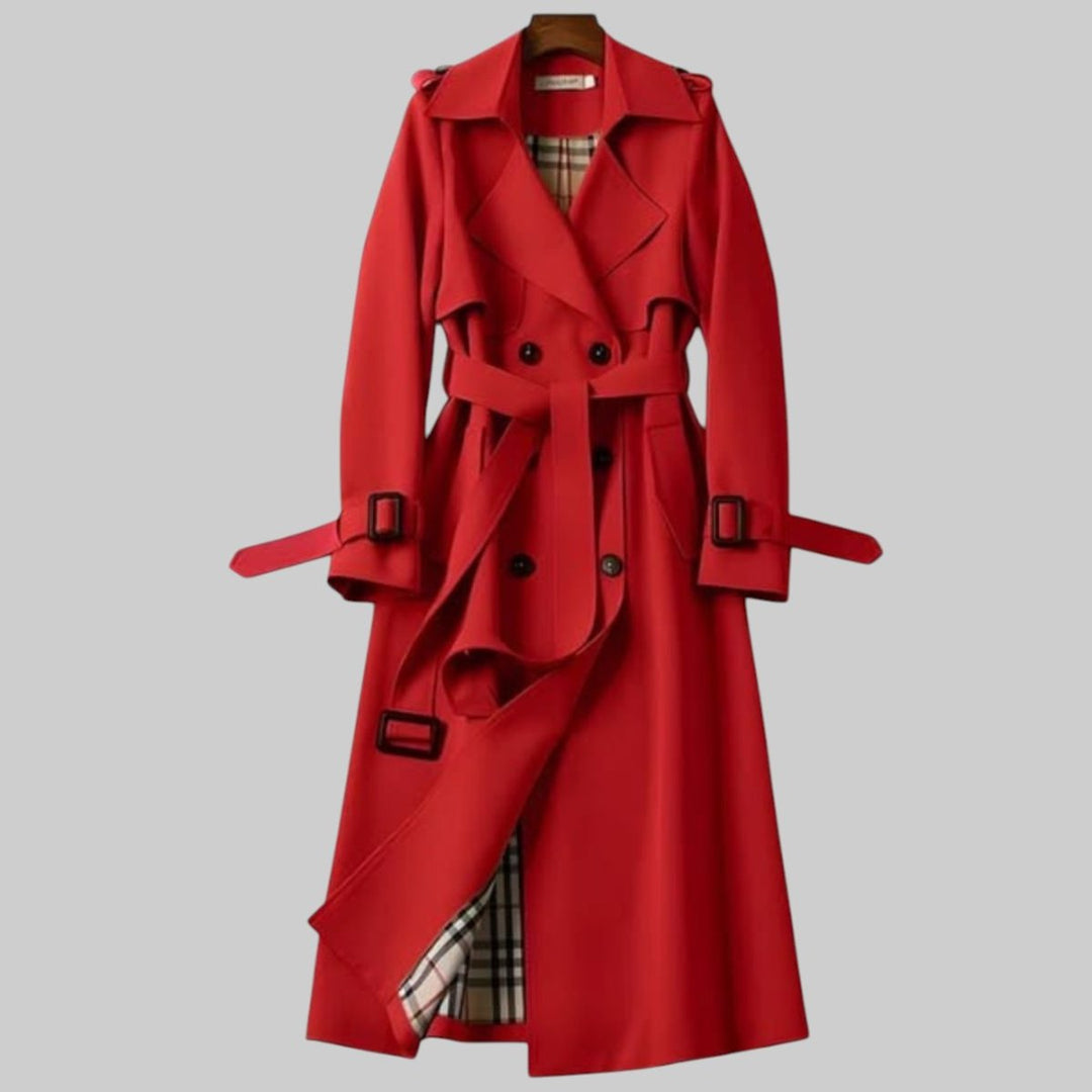 Women's Double-Breasted Belted Long Trench Coat Checked Lining