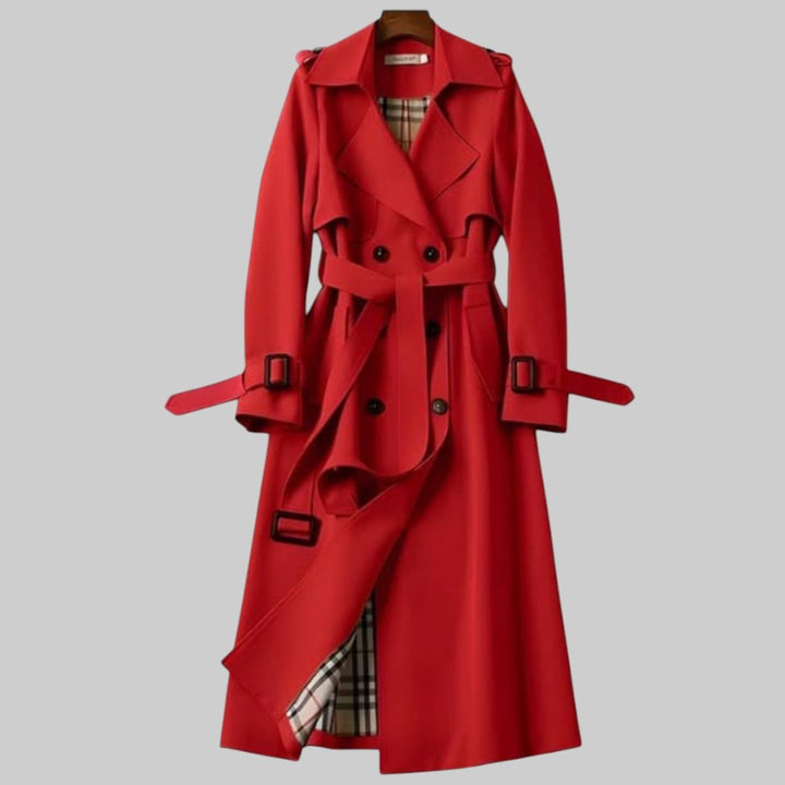 Women's Double-Breasted Belted Long Trench Coat Checked Lining