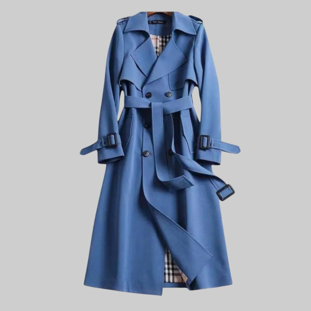 Women's Double-Breasted Belted Long Trench Coat Checked Lining