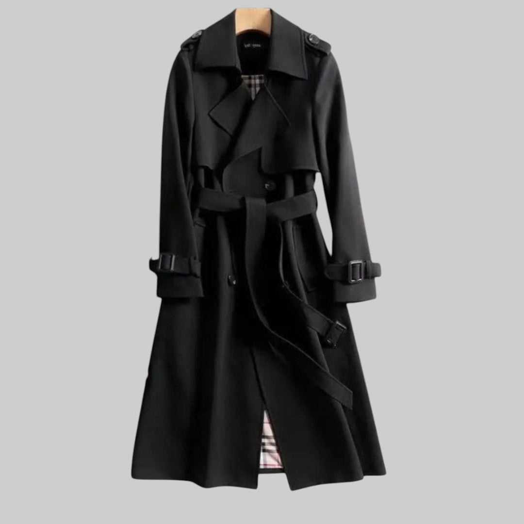 Women's Double-Breasted Belted Long Trench Coat Checked Lining