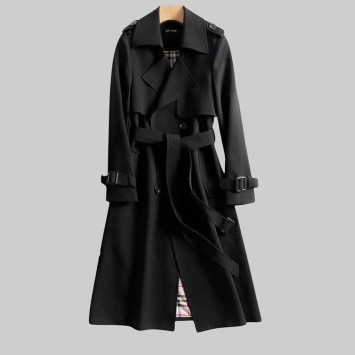Women's Double-Breasted Belted Long Trench Coat Checked Lining