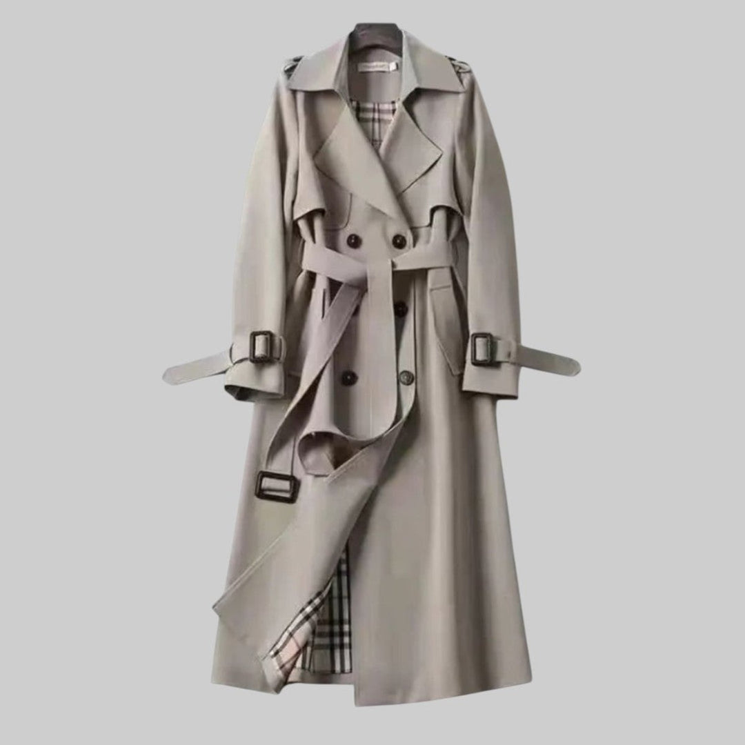 Women's Double-Breasted Belted Long Trench Coat Checked Lining