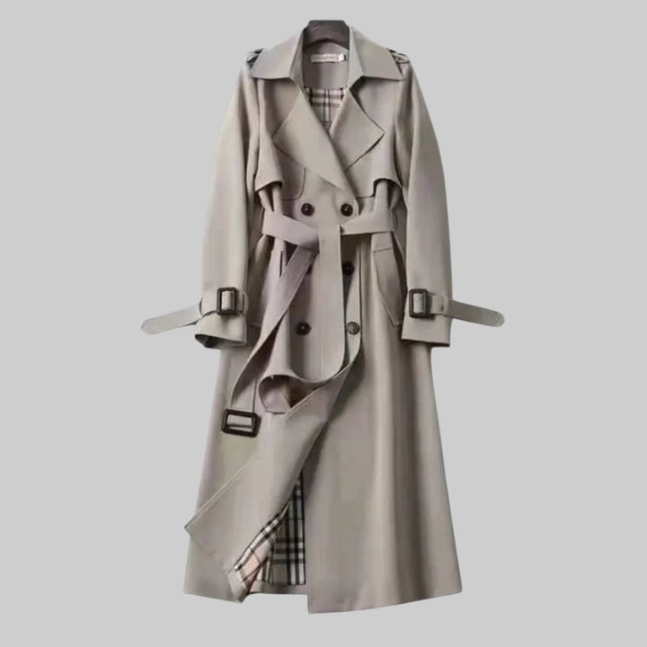 Women's Double-Breasted Belted Long Trench Coat Checked Lining