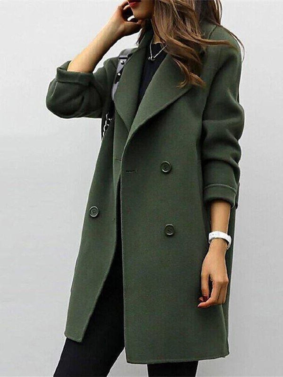 Women's Double-Breasted Lapel Longline Wool-Blend Winter Coat