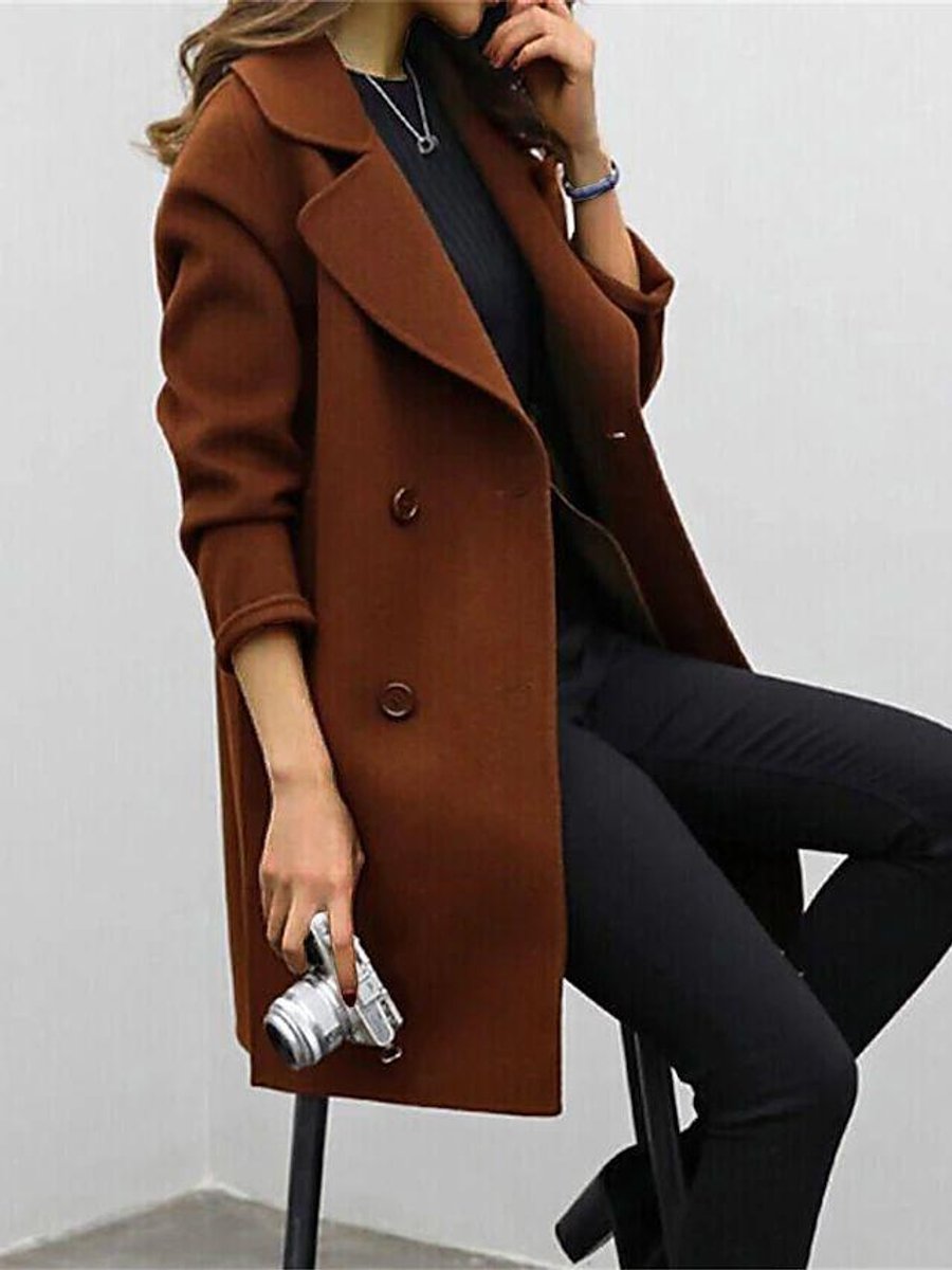 Women's Double-Breasted Lapel Longline Wool-Blend Winter Coat