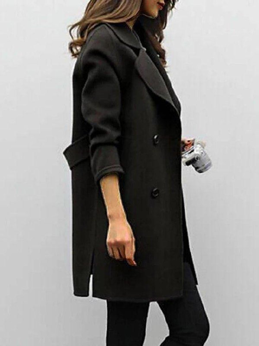 Women's Double-Breasted Lapel Longline Wool-Blend Winter Coat