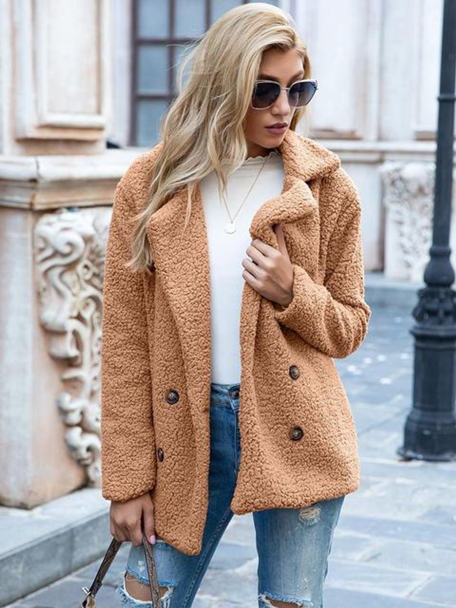 Women's Double-Breasted Loose-Fit Teddy Faux Fur Coat