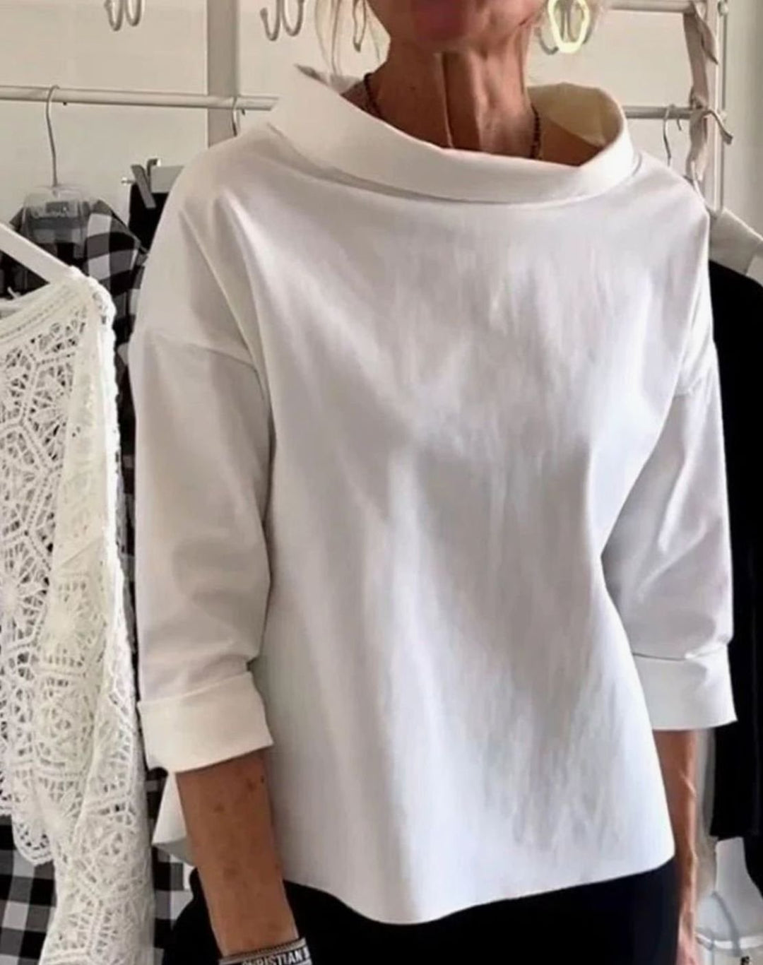 Women's Draped Cowl-Neck Three-Quarter Sleeve Relaxed Top