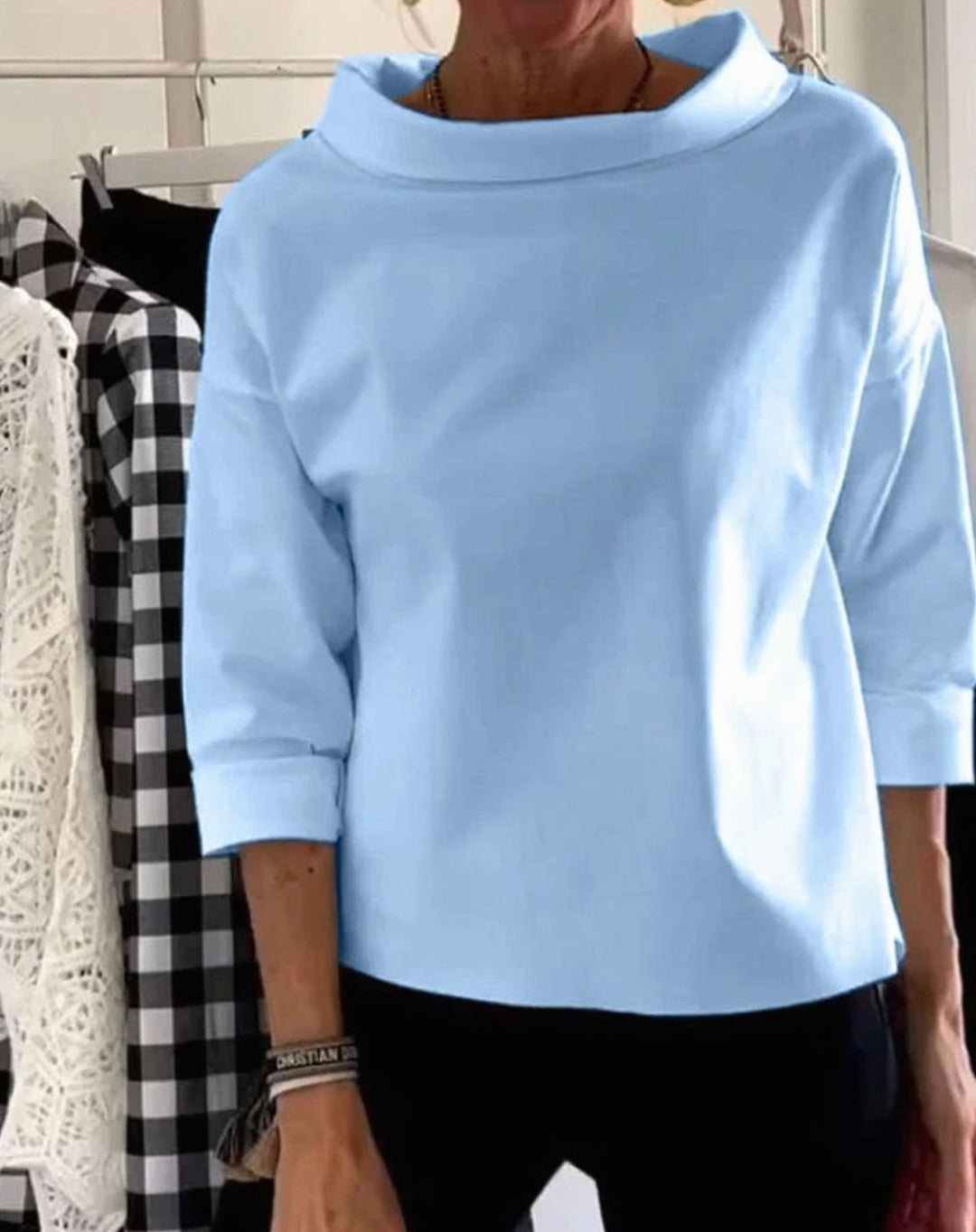 Women's Draped Cowl-Neck Three-Quarter Sleeve Relaxed Top