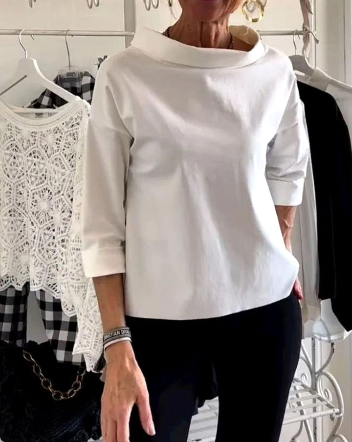 Women's Draped Cowl-Neck Three-Quarter Sleeve Relaxed Top