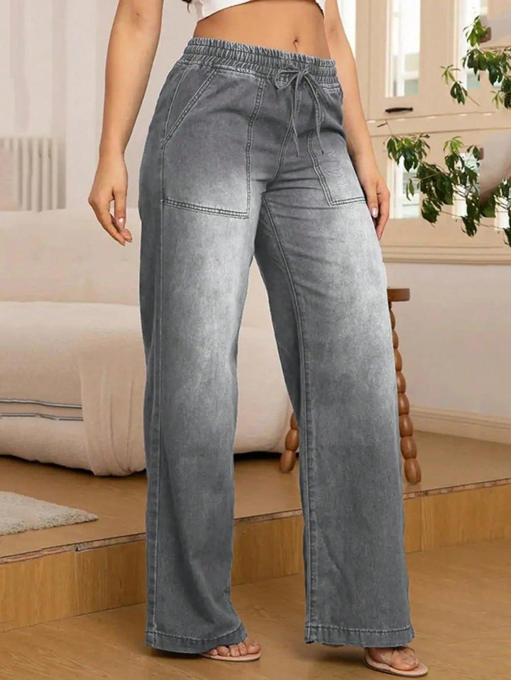 Women's Elasticated Drawstring Wide Leg Denim Trousers