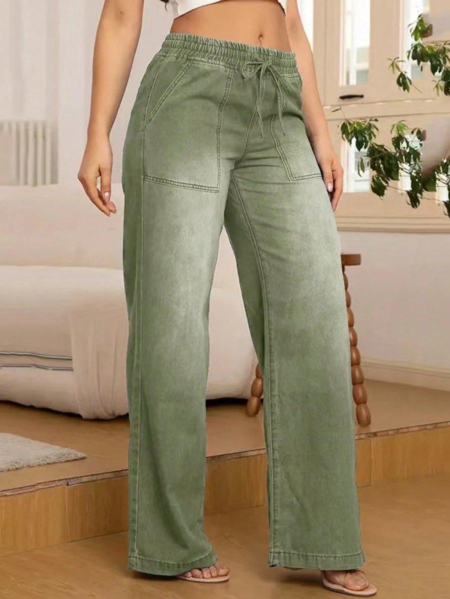 Women's Elasticated Drawstring Wide Leg Denim Trousers