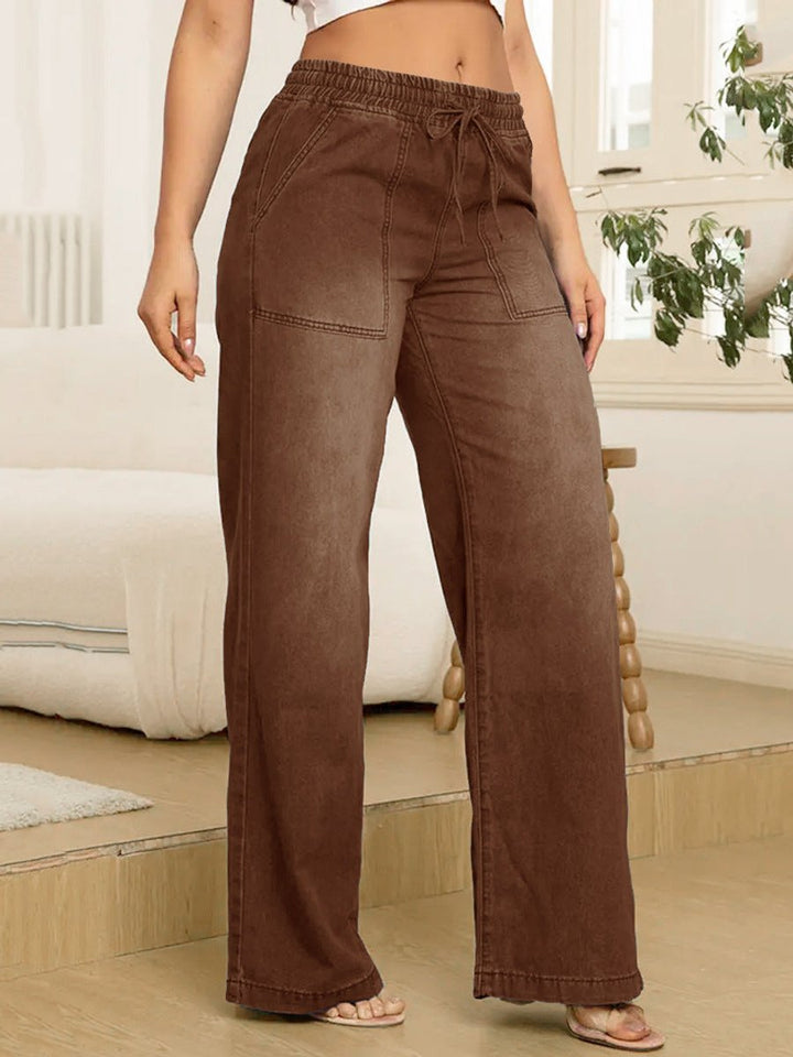 Women's Elasticated Drawstring Wide Leg Denim Trousers