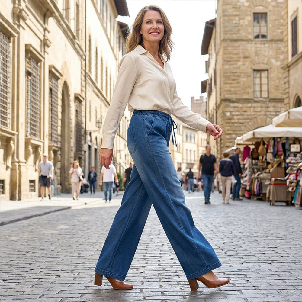 Women's Elasticated Drawstring Wide Leg Denim Trousers