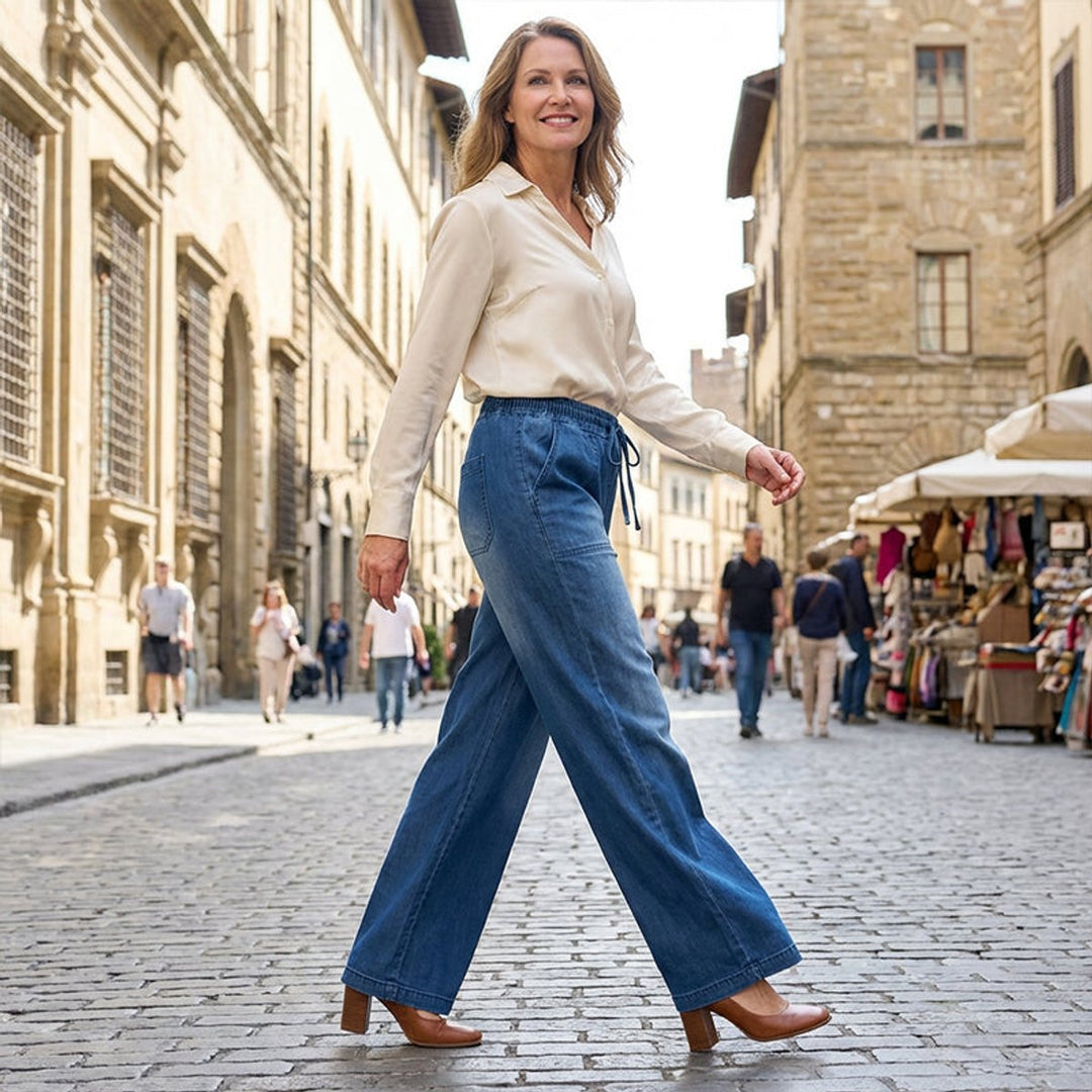 Women's Elasticated Drawstring Wide Leg Denim Trousers