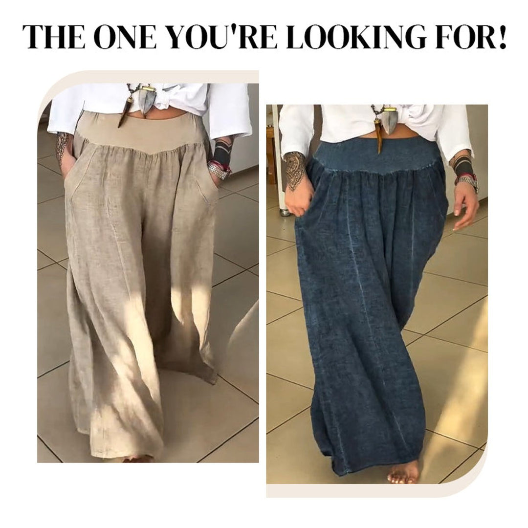 Women's Elasticated High-Waist Gathered Wide Leg Trousers Pockets