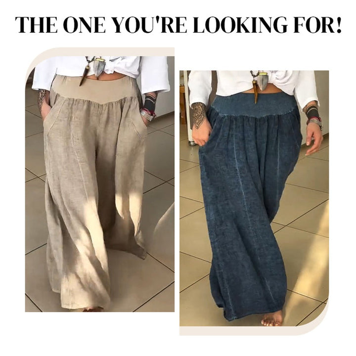 Women's Elasticated High-Waist Gathered Wide Leg Trousers Pockets