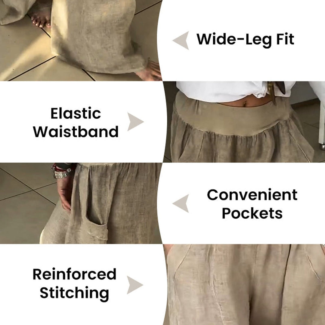 Women's Elasticated High-Waist Gathered Wide Leg Trousers Pockets
