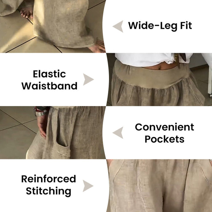 Women's Elasticated High-Waist Gathered Wide Leg Trousers Pockets