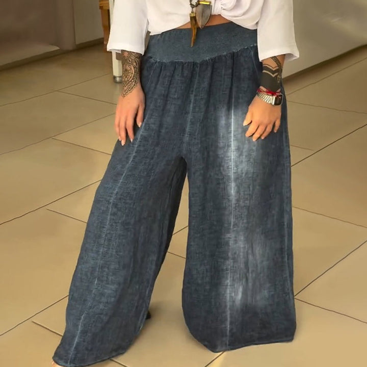 Women's Elasticated High-Waist Gathered Wide Leg Trousers Pockets