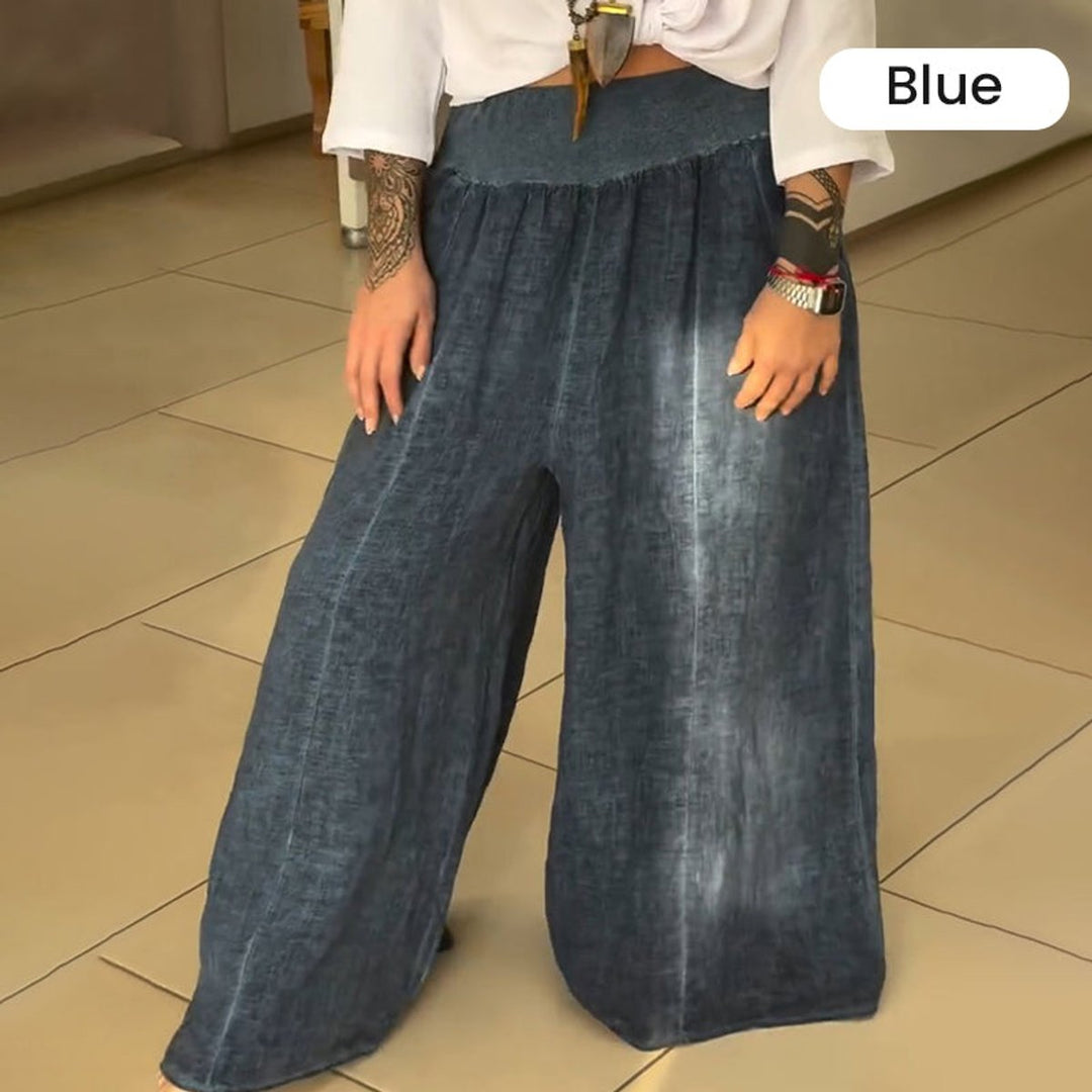Women's Elasticated High-Waist Gathered Wide Leg Trousers Pockets