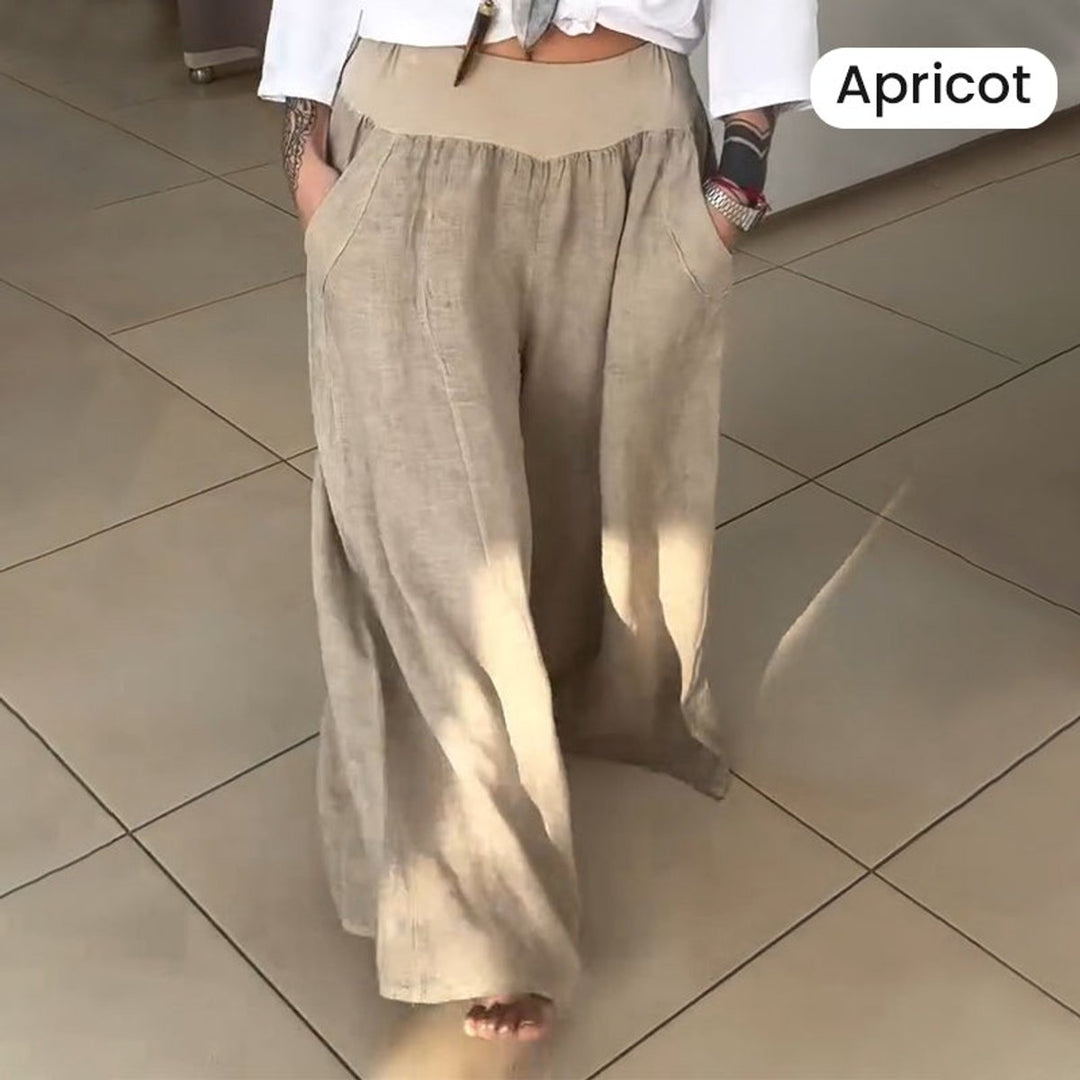 Women's Elasticated High-Waist Gathered Wide Leg Trousers Pockets