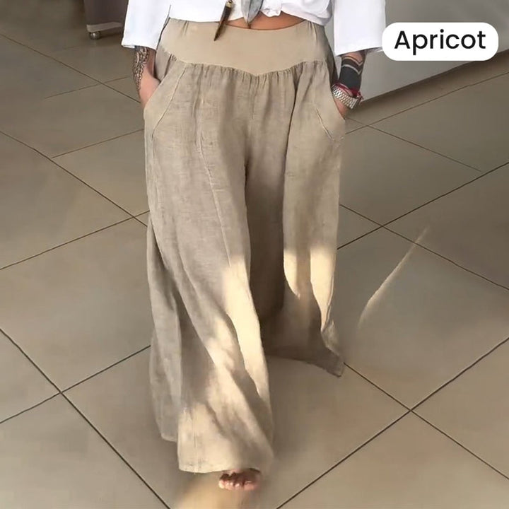 Women's Elasticated High-Waist Gathered Wide Leg Trousers Pockets