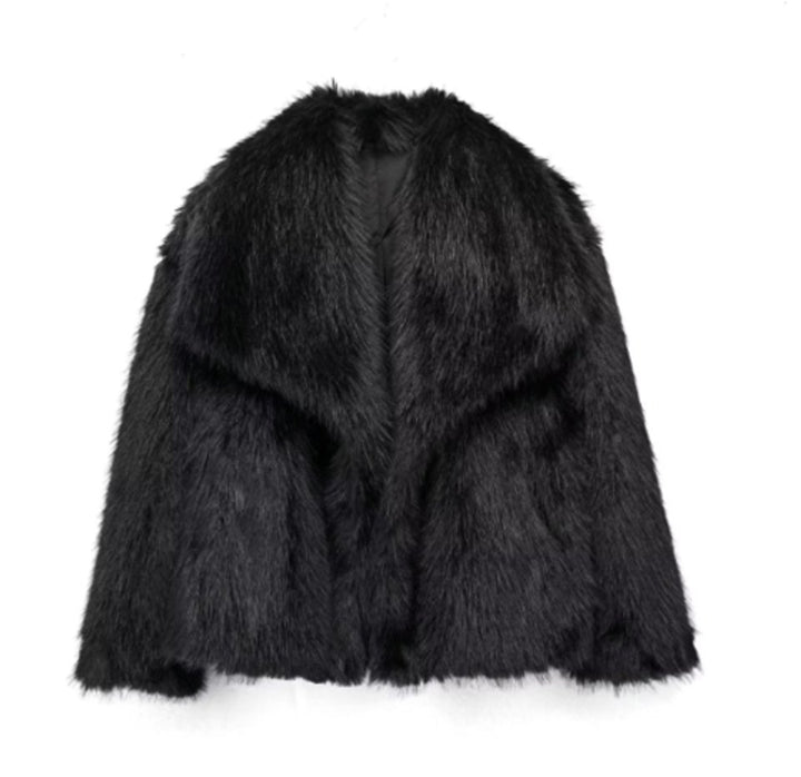 Women's Elegant Cropped Black Faux Fur Coat