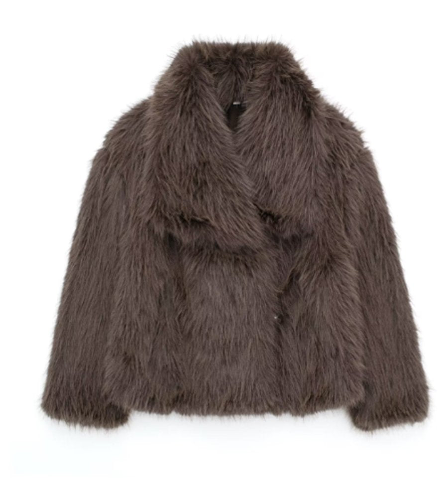 Women's Elegant Cropped Black Faux Fur Coat