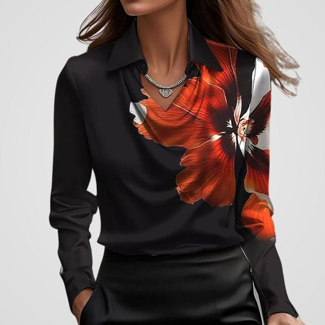 Women's Elegant Draped-Neck Long-Sleeve Satin Blouse - Black Print